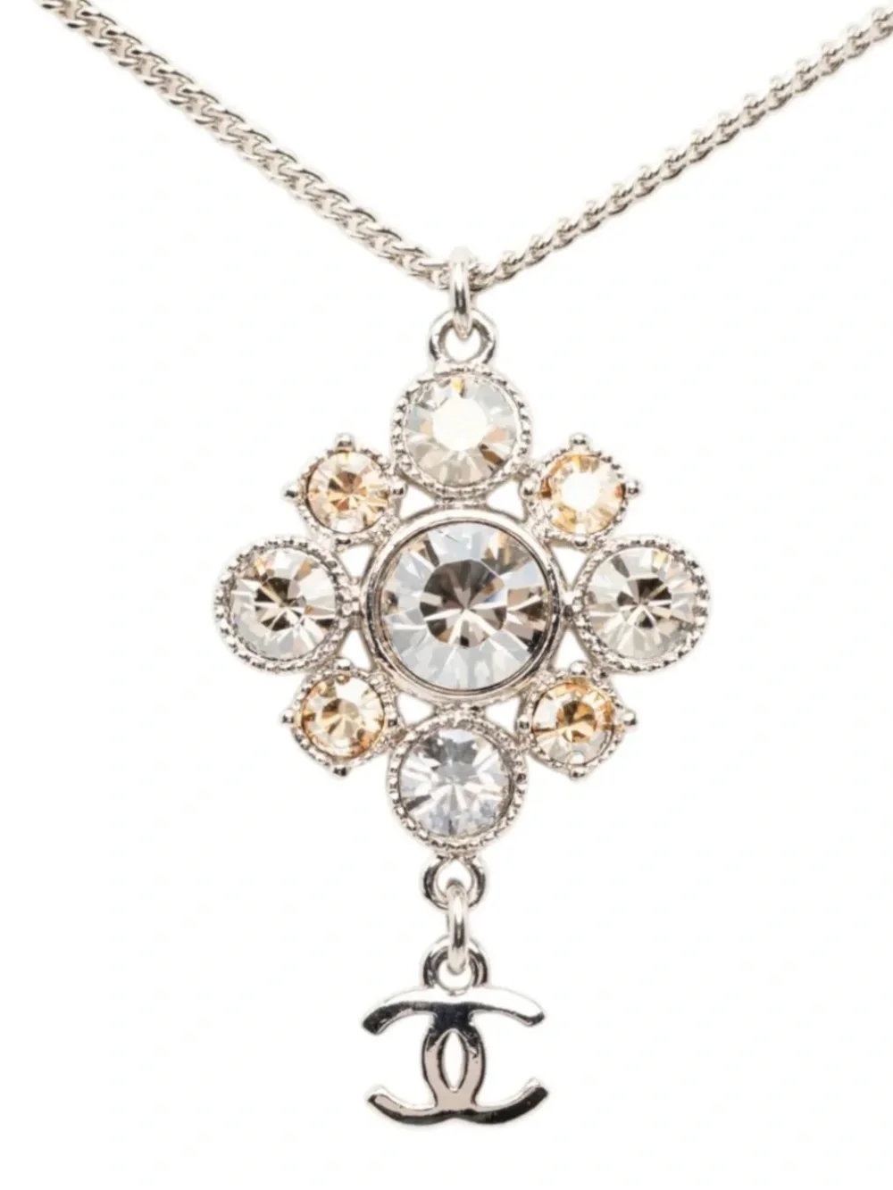 CHANEL Crystal Cluster Pendant Necklace with Logo Charm - Silver Tone